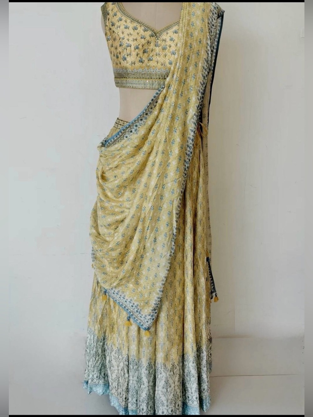 Anita Dongre Yellow and Blue Floral Lehenga